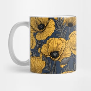 Yellow poppy garden on navy Mug